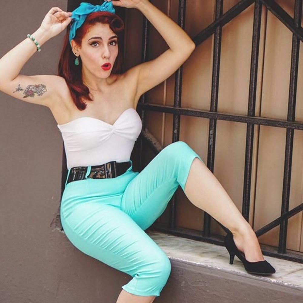 Pinup Girl Clothing Deadly Dames Blue Capri Pants - Picture 1 of 5